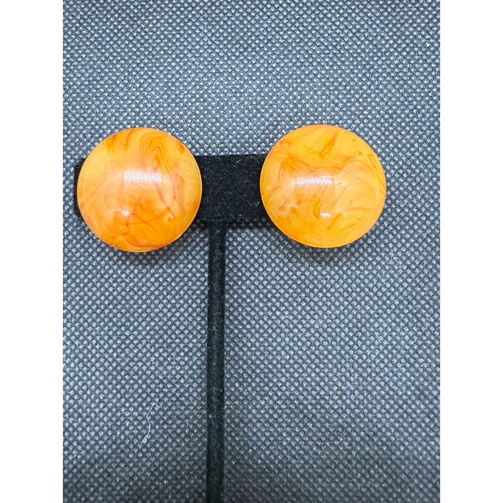 Vintage Germany Orange Marbled Resin Clip On Earrings Mid Century Modern 1 Inch